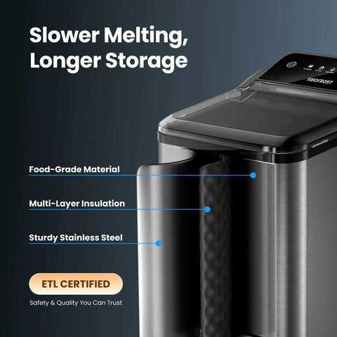 Stainless steel Nugget Ice Maker Countertop 35 Lbs 24H Sonic Chewable Pellets with multi-layer insulation and clear lid.