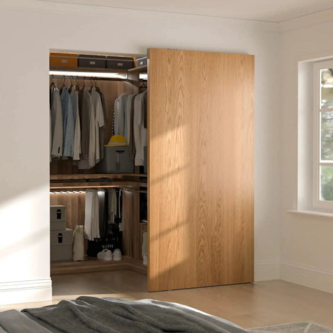32 Inch Concealed Sliding Barn Door Hardware Kit With Two Soft Close Mechanisms Aluminum Hidden Barn Door System For Wall Mount No Floor Track Fits Opening Width 25 Inch Door Not Included Durable Lightweight Aluminum Rails For Quiet Smooth Operation inside closet