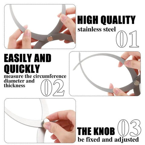 Double Ended Bowl Caliper For Wood Turning Pro Grade Stainless Steel Woodworking Tool To Measure Circumference Diameter And Thickness On A Lathe Five And A Quarter Inch To Six Inch Range Eleven Inch shown in use with stainless steel arms.