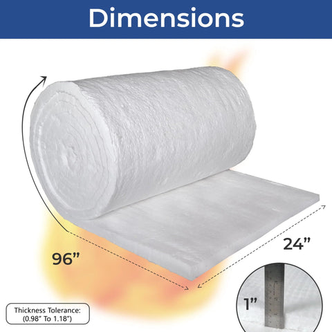 Ceramic fiber insulation blanket roll, 1 in x 24 in x 96 in, 8# density, 2400F, white for furnace, kiln, stove