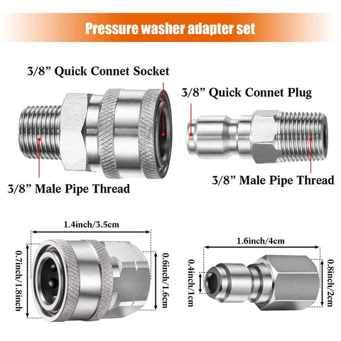 Stainless Steel Quick Connector Kit For Pressure Washers Two Sets NPT Three Eighths Inch Male And Female Adapters diagram