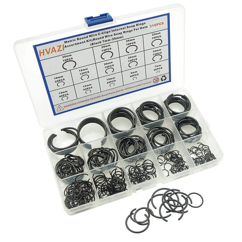 Pro Grade 310-Piece Round Wire C Clip Snap Ring Set, 14 Sizes For Holes 7mm To 30mm, Internal Retaining Rings Kit In Box