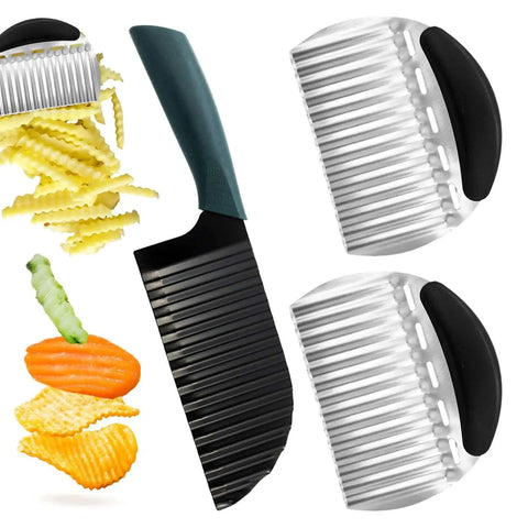 3 Piece Crinkle Cutter Knife Set For Veggies And Fruits, Stainless Steel Wave Fries Cutter Slicer For Potatoes, Cucumbers, Carrots And More, Two Styles Included For Crinkle Fries And Veggie Prep, Durable Kitchen Tool with black and green handles and crinkle cut samples shown.