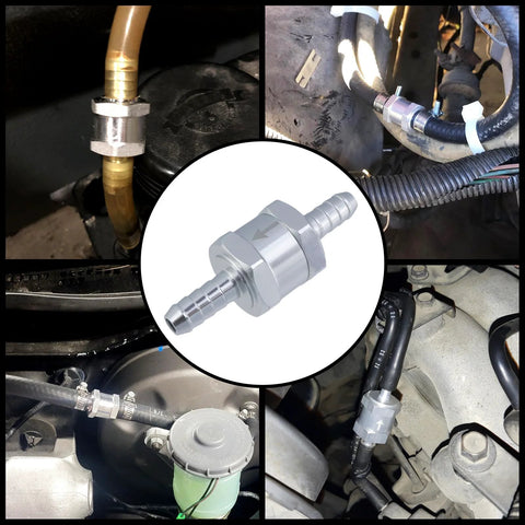 Two Mewutal stainless steel fuel check valves (5/16 in / 8 mm) with hose barbs and 6–10 mm clamps for automotive use.
