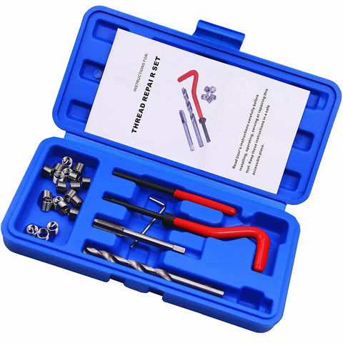 25-Piece M7 X 1.0mm Thread Repair Kit With Insert Set For Auto Repair And Engine Work Pro Grade Heavy Duty High Speed Steel Tools With Red Handle Hand Tool Kit For Damaged Or Worn Threads In Cars Trucks Machinery And Home Maintenance, showing blue case, inserts, and red handle tools.