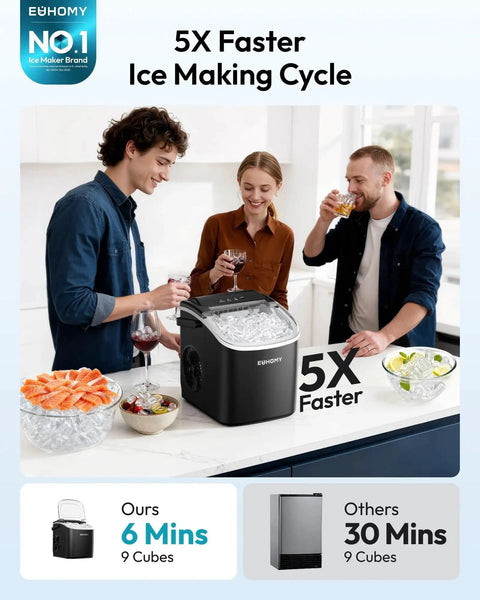 Three people using Portable Countertop Ice Maker With Handle 26 Lbs Daily Output 6 Minute Ice Cubes on kitchen counter.