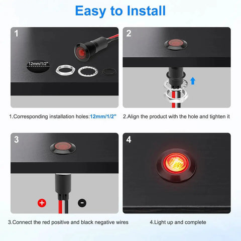 Four Pack 12mm LED Indicator Lights IP67 Waterproof Signal Lamps installation process with step-by-step guide for panel mounting