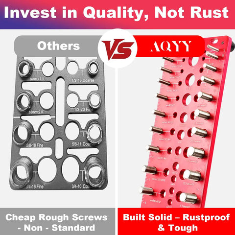51 In 1 Bolt Size Finder And Thread Gauge With 32 Metric And 32 SAE Threads Plus 19 Drill Bit Check Openings CNC Machined Aluminum Screw Size Chart Go No Go ANSI Standard Non Slip Base, front view comparison of two gauge tools.