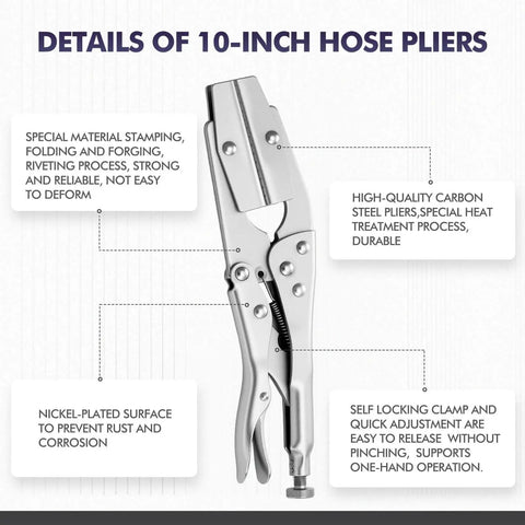 Four Pack 10 Inch Radiator Hose Clamp Pliers Set Heavy Duty Pinch Off Locking Pliers Displayed with Material and Features