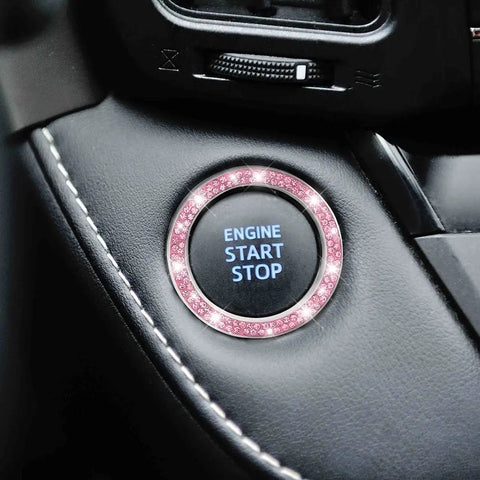 Car Bling Crystal Rhinestone Engine Start Ring Decals 2 Pack Push Start Button Cover Sticker Key Ignition Knob Bling Ring Sparkling Pink Interior Accessory For Women installed on ignition button.