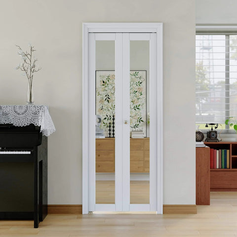 White One Side Mirrored Bifold Closet Door Kit With DIY Friendly Easy Install Hardware For 32 By 80 Opening installed