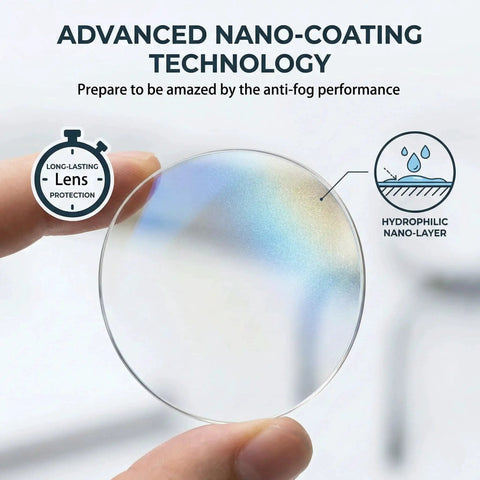 Close-up of lens demonstrating advanced nano-coating technology for anti-fog performance with icons and text about protection benefits.