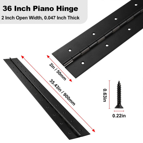 Heavy Duty 36 Inch Piano Hinges 0.047 Inch Thick Stainless Steel Black 2 Pack Continuous Hinge with dimensions shown