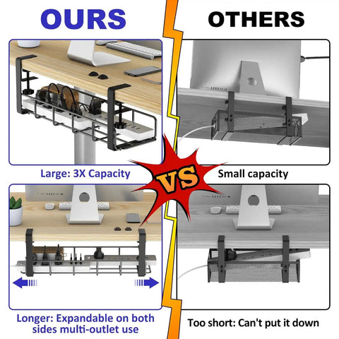 Comparison of Under Desk Cable Management Tray No Drill Setup Clamp Mount Steel Wire Organizer with other models, showing capacity and expandability.