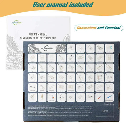 Aiskaer 48-Piece Sewing Machine Presser Foot Set packaging with manual for multiple sewing machine brands