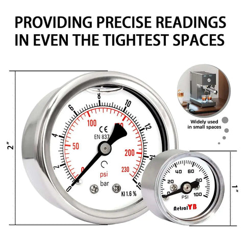 Compact One Inch Pressure Gauge Zero To One Hundred Psi For Coffee Machines Water Pumps And Air Compressors Stainless Steel Case