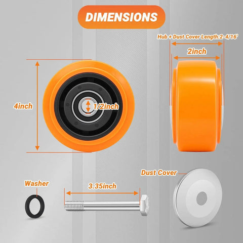 4x2 Inch Replacement Caster Wheels Set Of 4 With 1/2 Inch Bore, Polyurethane On Polyolefin Core, Double Ball Bearing Casters