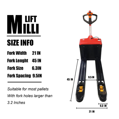Front view of Millilift electric pallet jack with red body and black forks; 3300 lb capacity, 21 in fork width