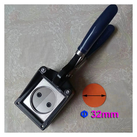 Hardworking Handheld Button Graphic Punch Die Cutter for Badge Making with 32mm actual cut, durable composite frame, and steel die