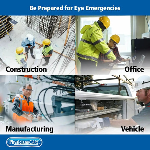 Construction, office, manufacturing, and vehicle settings for eye emergency preparedness with personnel in safety gear.