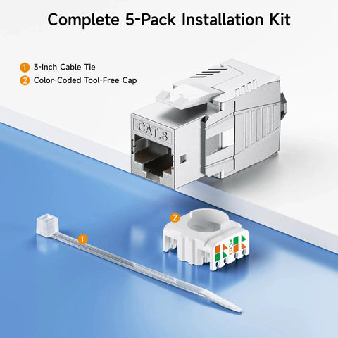 UL Listed Shielded Cat 8 RJ45 Keystone Jack 5 Pack, 40Gbps ready, shown with color-coded tool-free cap and cable tie, ideal for panels and plates
