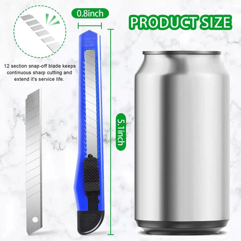 4 Pack 9mm Snap Off Box Cutter Retractable Utility Knife For Office And Home alongside soda can for size comparison