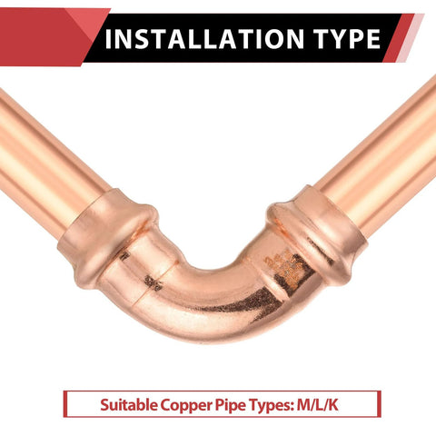 Copper press-fit 90-degree elbow fitting, 1/2 in x 1/2 in for copper tubes.