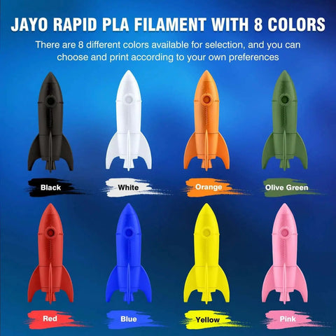 Eight rocket-shaped models in black, white, orange, olive green, red, blue, yellow, and pink. Rapid PLA Filament Bundle 2Kg 1.75mm 250g Spools Eight Color Pack For 3D Printing High Speed Filament Black White Blue Red Pink Orange Yellow Olive Green.