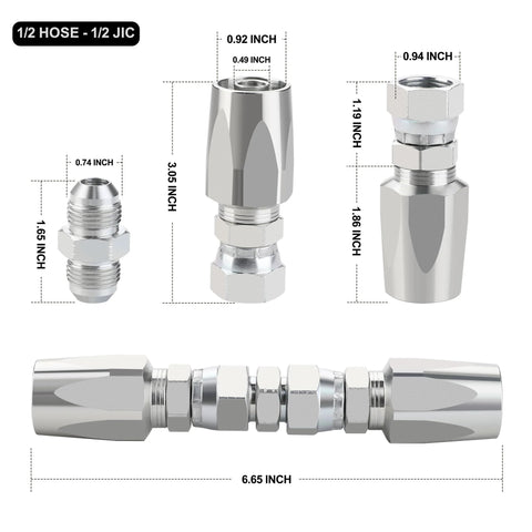 ANCIMOON 4-piece chrome hydraulic hose repair fittings kit for 1/2, 3/8, and 1/4 in single-wire hoses.