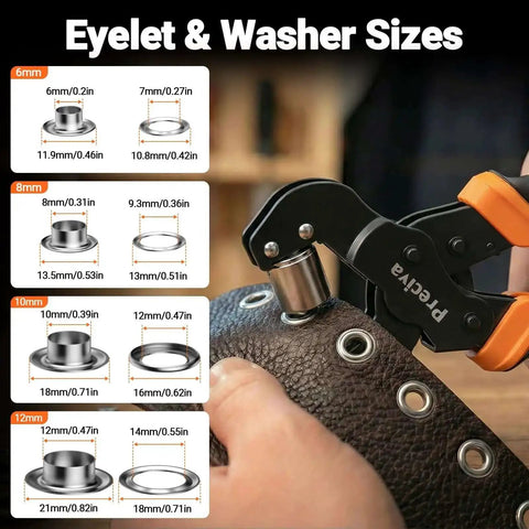 Close-up of All In One Grommet Tool Kit With Four Jaw Sizes setting grommets on leather, shown with eyelet and washer size chart.