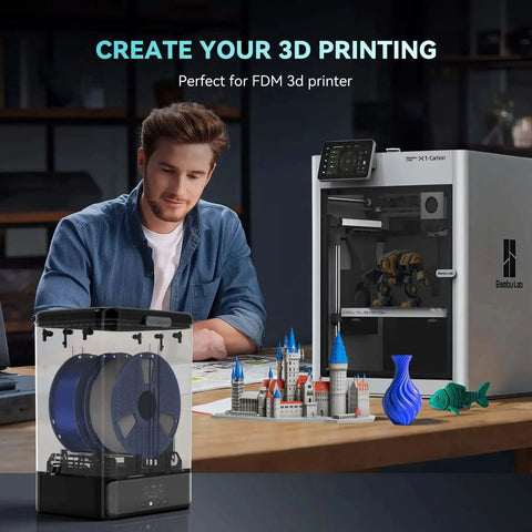 3Kg Filament Dryer SP2 with Storage Box for 1.75mm and 2.85mm Filaments next to 3D printer and printed models on desk