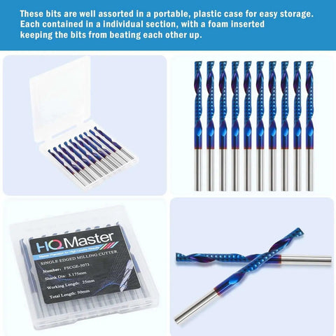10 Pack O Flute CNC Router Bits For Fast Engraving And Milling HQMaster Pro Grade One Eighth Inch Shank Spiral Upcut End Mills