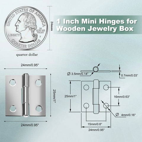1-inch stainless steel mini hinge for wooden jewelry boxes; silver metal hardware with screws
