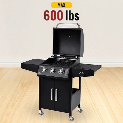 Black freestanding grill with open lid and side tables, featuring three burners and mounted on 3 Inch Swivel Caster Wheels With No Brake.