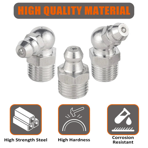 Grease fitting kit with SAE/Metric zerks (1/4, 1/8, M6, M10); straight and 45/90°; zinc-plated steel with caps; 3 pcs