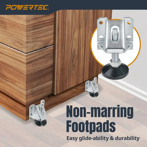 Heavy Duty Tough As Nails Adjustable Furniture Leg Levelers 4 Pack With Nylon Feet Screws on a wooden cabinet