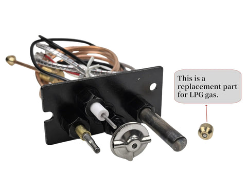 Amazon NG/LPG fireplace pilot assembly with 750mV thermopile, black mounting plate, brass valve stems, and copper wiring.