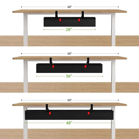 Huge 48 Inch Under Desk Cable Management Tray With Clamp Or Screw Mount, black fabric wire organizer showing different sizes under desk.