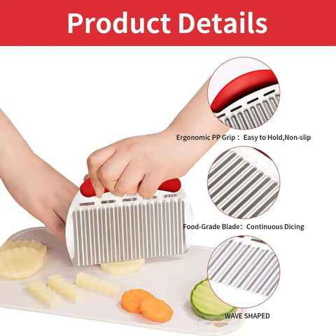 Person using All In One Onion Holder And French Fry Cutter Set With Vegetable Chopper Meat Tenderizer And Wavy Potato Slicer In Stainless Steel
