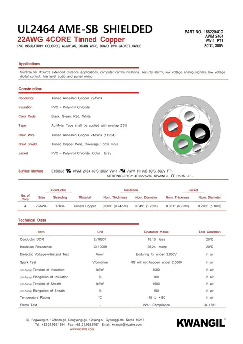 Product specifications for 22 AWG 4 Conductor Shielded Cable UL2464, showing cable construction and technical details.