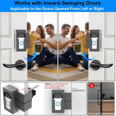 Anti Theft Doorbell Mount, All Metal No Drill Camera Door Mount With USB-C Charging Port, installed on inward-swinging door