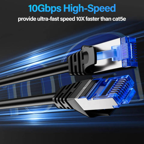 Shielded Cat6A Ethernet Cable 10Gbps 50 Ft Slim F/UTP Bare Copper 28AWG For Server And Data Center, black cable with connectors.