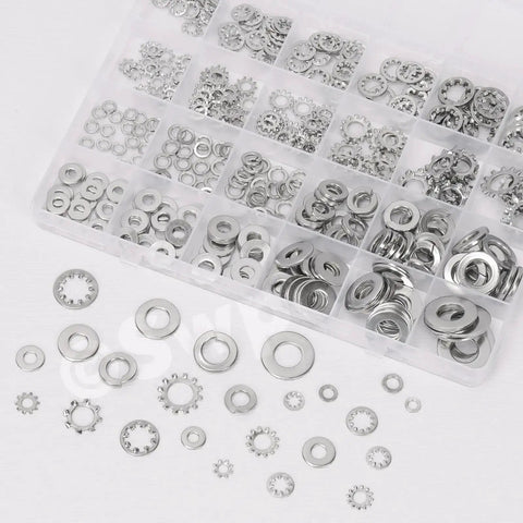 Washer assortment kit: 400-piece stainless steel lock, split, and flat washers in a clear case