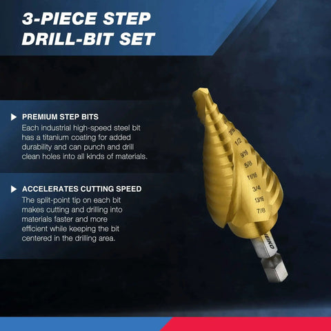 Pro Grade Step Drill Bit Set 3 Piece With 31 Sizes For Stainless Steel Metal Wood Plastic Spiral Grooved For Faster Drilling Titanium Nitride Coated High Speed Steel NEIKO