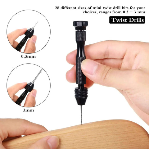 Demonstration of the 57 Piece Micro Hand Drill Bits Set With Pin Vise For DIY Jewelry Resin Crafts And Tiny Hole Projects Includes 46 Micro Twist Drill Bits And 10 PCB Mini Bits Aluminum Alloy Pin Vise Hand Drill Kit Pro Grade