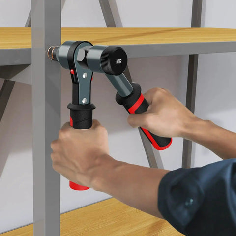 Rivet Nut Tool Kit With Ratcheting Mechanism And Quick Change Mandrels For Fast Installations in use on metal assembly