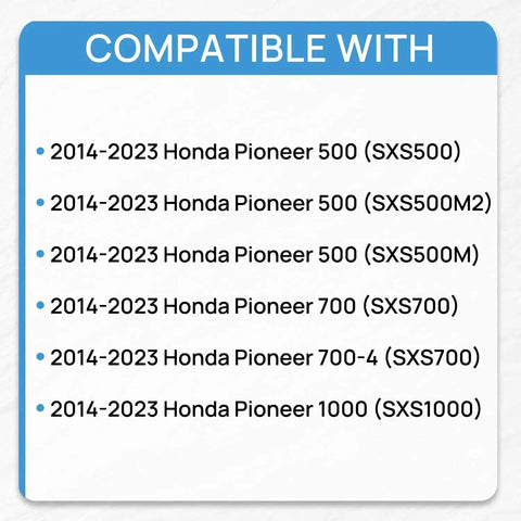 Text listing compatibility for Honda Pioneer models 500, 700, 1000 from 2014-2023.