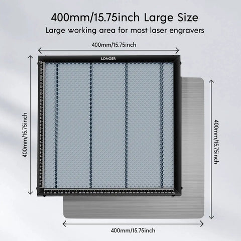 Image showing a Longer Honeycomb Laser Bed And Working Table Kit For Engravers With Pro Grade Heat Dissipation And Desk Protection Fifteen Point Seven By Fifteen Point Seven Inches Compatible With Most Laser Engraving Machines, showcasing size and aluminum protective panel.