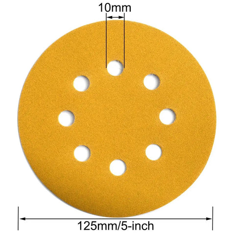 5-Inch 220 Grit Hook and Loop Sanding Discs 8-Hole Random Orbit 100 Pack, top view with visible holes and dimensions.