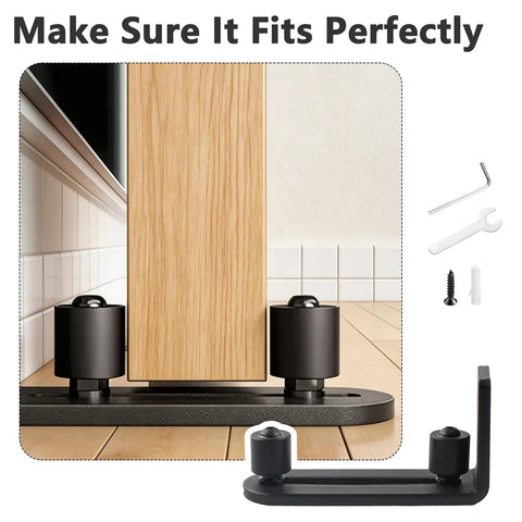 Four Pack Black Sliding Barn Door Floor Guides Flush Wall Mount Bottom Adjustable Rollers Flat Non Scratch Barn Door Hardware Kit With Two Assembly Options Heavy Duty installed view next to door with tools.